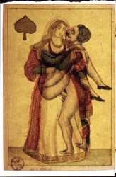 Vecchie carte da gioco: scena erotica. Musée de la Carte à Plouer, Issy-les-Moulineaux.