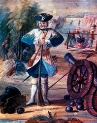 Raffigurazione di un granatiere di fanteria del reggimento del re Luigi XV (1723-1774) 1740 circa, particolare, 1740 circa (olio su tela)