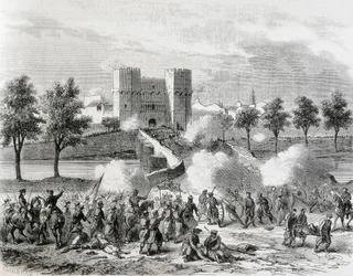 Spagna (1868). Gloriosa Rivoluzione. Attacco delle truppe governative alla Porta dei Serrani a Valencia. Incisione da 