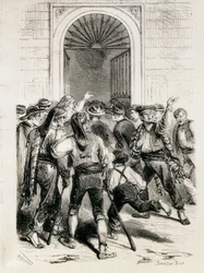 Spagna (1873). Proclamazione della Prima Repubblica e assalto al municipio di Barcellona (11 febbraio 1873). Acquaforte.