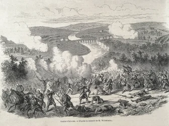 Spagna. Rivoluzione del 1868. Battaglia di Alcolea (20 settembre), che culminò con la deposizione di Isabella II. Incisione