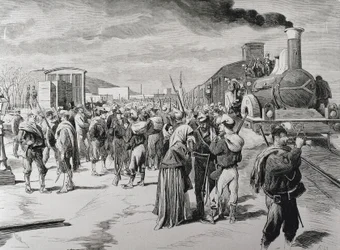 Spagna. Terza Guerra Carlista. Partenza di un battaglione di corpi liberi contro i carlisti da Barcellona (incisione)