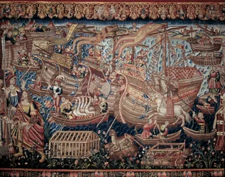 Il navigatore portoghese Vasco de Gama (1459-1524) arrivò a Calicut in India nel 1498, dettaglio, arazzo