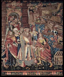 Il navigatore portoghese Vasco de Gama (1459-1524) arrivò a Calicut in India nel 1498, dettaglio, arazzo