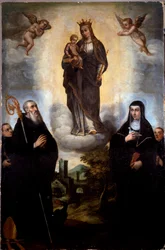 La Vergine ha il Bambino con San Benedetto da Nursie e sua sorella Sainte Scolastique (Scolastica), fondatrice dell
