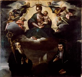 La Vergine ha il Bambino con San Benedetto da Nursie e sua sorella Sainte Scolastique (Scolastica), fondatrice dell