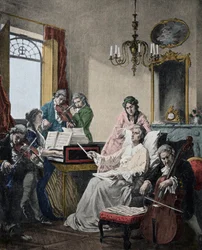 Wolfgang Amadeus Mozart (1756-1791) morente, dirige un gruppo di musicisti per il Requiem appena terminato (Mozart (1756-1791) nei suoi ultimi giorni di vita dirige un gruppo di musicisti per il Requiem)