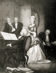 Wolfgang Amadeus Mozart che accompagna al pianoforte il soprano Caterina Cavalieri