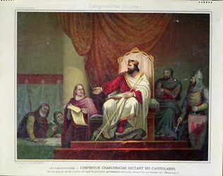 Carlo Magno (742-814) emana il capitolare di Herstal nel 779, inciso da Eugène Ronjat, ca. 1860-80