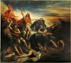 La battaglia di Tolbiac tra gli Alamani e i Franchi di Siegbert... (dipinto su tela)