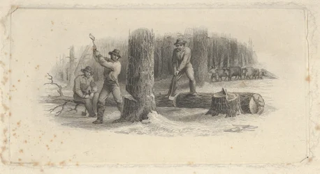 Vignetta di Banconota che Mostra Boscaioli che Abbattono Alberi in una Foresta Nevosa