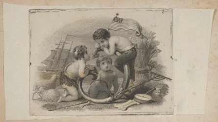 Vignetta di banconota con tre putti come pastore, contadino e marinaio