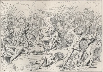 Guerra del Peloponneso: La battaglia di Potidea dove il filosofo greco Socrate salvò la vita di Alcibiade. (Incisione d