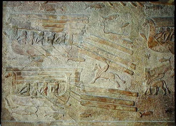 Rilievo che raffigura navi che trasportano legno, dal Palazzo di Sargon II, Khorsabad, Iraq