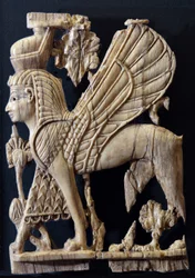 Grifone alato con volto umano, decorazione fenicia in avorio per mobili, Nimrud, 800-700 a.C.