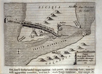 Rappresentazione cartografica di „Cariddi“ e „Scilla“ nello Stretto di Messina, Sicilia. Incisione da „Mundus Subterraneus“ di Athanasius Kircher (1601-1680), gesuita, orientalista e studioso, 1682