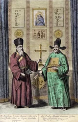 Ritratto di Matteo Ricci (a sinistra), gesuita italiano e Paul Ly, grande propagatore della fede cristiana in Cina, incisione da De China monumenta di Athanasius Kircher (1601-1680), gesuita, orientalista e studioso tedesco