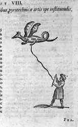 Il filosofo greco Archita di Taranto (435-347 a.C.), filosofo pitagorico, matematico e astronomo, e la sua colomba di legno capace di volare. Incisione da «Mundus Subterraneus» di Athanasius Kircher (1601-1680), 1682