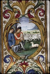 Messale di Thomas James: particolare di un medaglione a margine: pastori.
