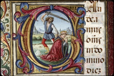 Messale di Tommaso Giacomo: particolare di una scritta G: il martirio di San Tommaso Becket.