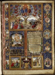 Messale di Thomas James: il Giudizio Universale, con vignette raffiguranti scene della Passione e della vita della Vergine Maria.