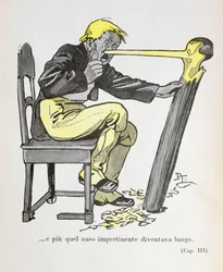 Il naso di Pinocchio cominciò a crescere mentre Gepetto continuava a scolpire la sua figura", illustrazione da "Pinocchio" di Carlo Collodi (1826-90) 1935 (litografia a colori)