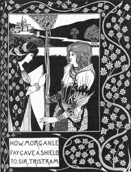 Leggenda Arturiana: La fata Morgana dà uno scudo a Tristano, Incisione in La storia di Tristano e le sue avventure, che include la sua storia d
