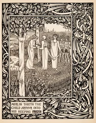 Merlino prende in custodia il bambino Artù, illustrazione da "Le Morte d