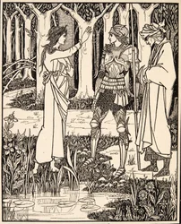 La dama del lago racconta ad Artù della spada Excalibur, 1894 (incisione)