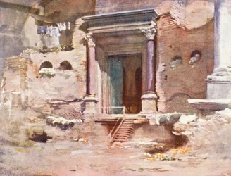 Roma: La Porta del Tempio di Romolo, Foro (litografia a colori)