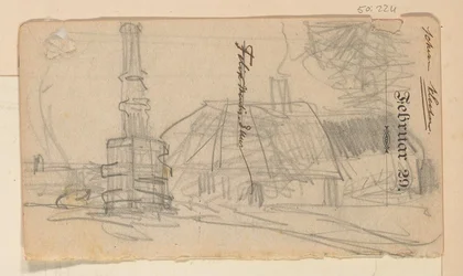 Veduta di un villaggio presso un monumento
