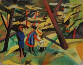 Bambini con capra nel bosco