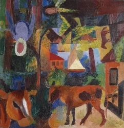 Paesaggio con mucche, barca a vela e figure