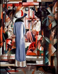 Grande vetrina illuminata. Una donna con un lungo cappotto e un cappello guarda una vetrina. Dipinto di August Macke (1887-1914), 1912. Dimensioni 105 x 85 cm. Hannover, Sprengel Museum
