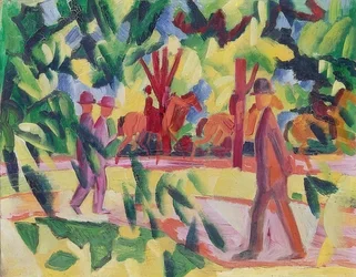 Cavalieri e passeggiatori in un viale. 1914