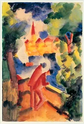 Due uomini appoggiati alla ringhiera che si affacciano su un lago, 1914