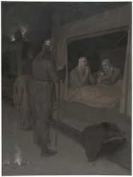 Njal, Bergthora e Thord Karisson decidono di farsi bruciare vivi. Illustrazione per la Saga di Njal, cap. 129