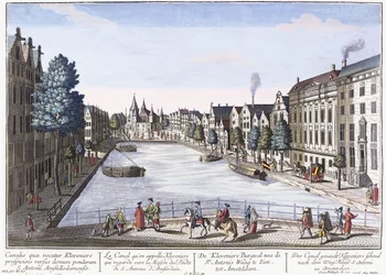 Veduta del canale Kleveniers, Amsterdam, c.1740-1770 (incisione colorata a mano)
