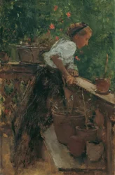 Ragazza contadina sul balcone