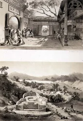 Veduta Interna del Grande Tempio a Macao e una Tomba e Villaggio tra le Baie di Hong Kong e Cowloon, tavole 8 e 7 da 