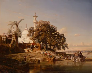 Moschea indiana lungo un fiume con pellegrini ed elefanti (olio su tela)