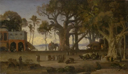 Scena al chiaro di luna con figure indiane ed elefanti tra alberi di banyan, Alta India (probabilmente Lucknow)