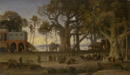 Scena al chiaro di luna di figure indiane ed elefanti tra alberi di banyan, Alta India (probabilmente Lucknow)