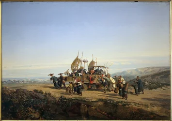 Viaggiatori usano un carro con vele e sparano agli uomini. Dipinto di Auguste Borget