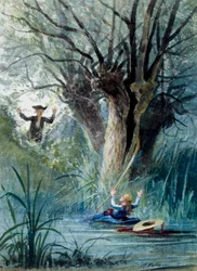 Illustrazione della favola Il bambino e il maestro di scuola di Jean de La Fontaine. Acquerello di Auguste Delierre