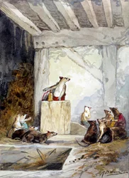 Illustrazione della favola "Il consiglio tenuto dai topi" di Jean de La Fontaine. Acquerello di Auguste Delierre (1829-c.1890)