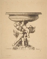Design ornamentale di tre bambini che sorreggono una fontana, XIX secolo