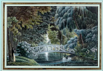 Vista del ponte di legno sul fiume a sinistra del castello di Malmaison