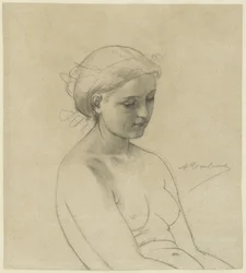 Nudo femminile seduto, tre quarti verso destra, mezzo busto