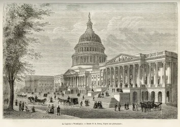 Il Campidoglio, sede del legislatore, costruito tra il 1793 e il 1830, a Washington (Distretto di Columbia), capitale degli Stati Uniti. Incisione dal disegno di A.Deroy, per illustrare la storia La conquista bianca, di William Hepworth Dixon, nel 1875, p